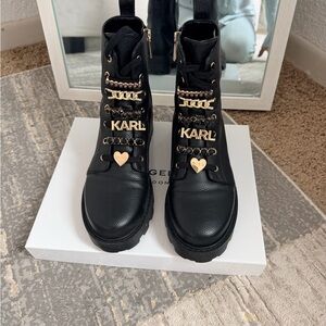 Karl Lagerfeld Black Leather Boots with Gold Heart Detail